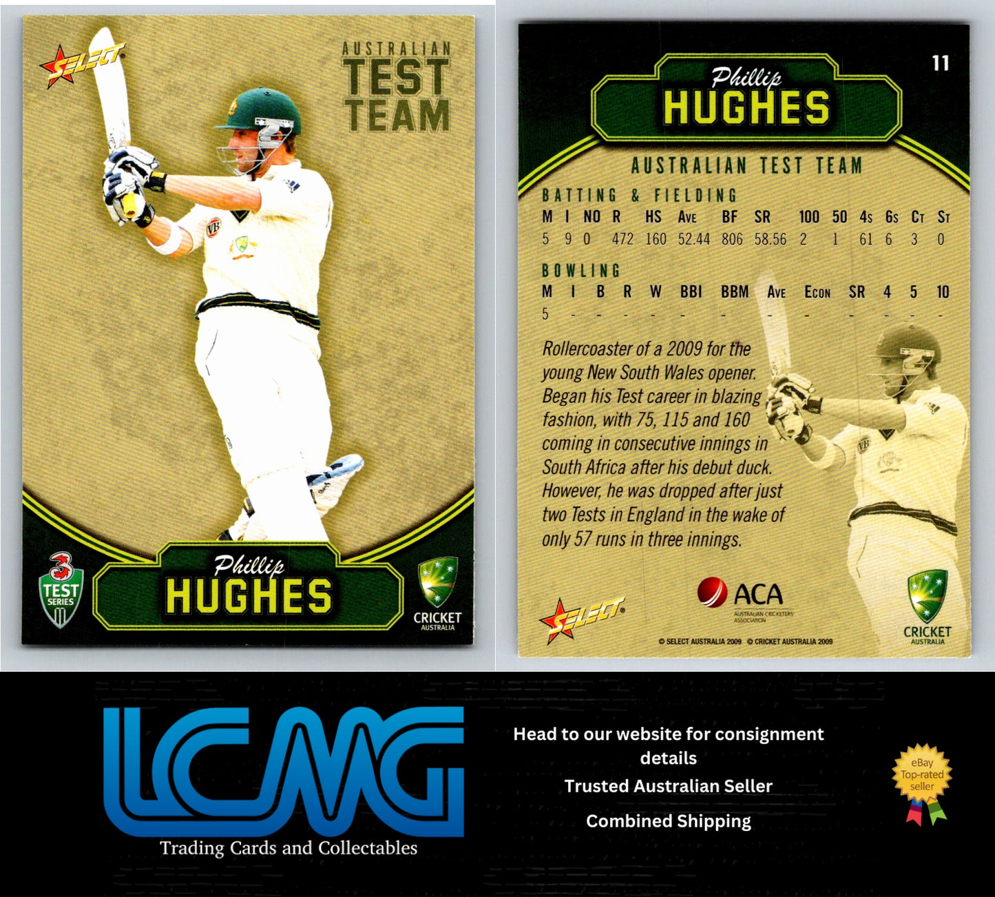 Select Cricket 2009 2010 Card # 11 Phillip Hughes