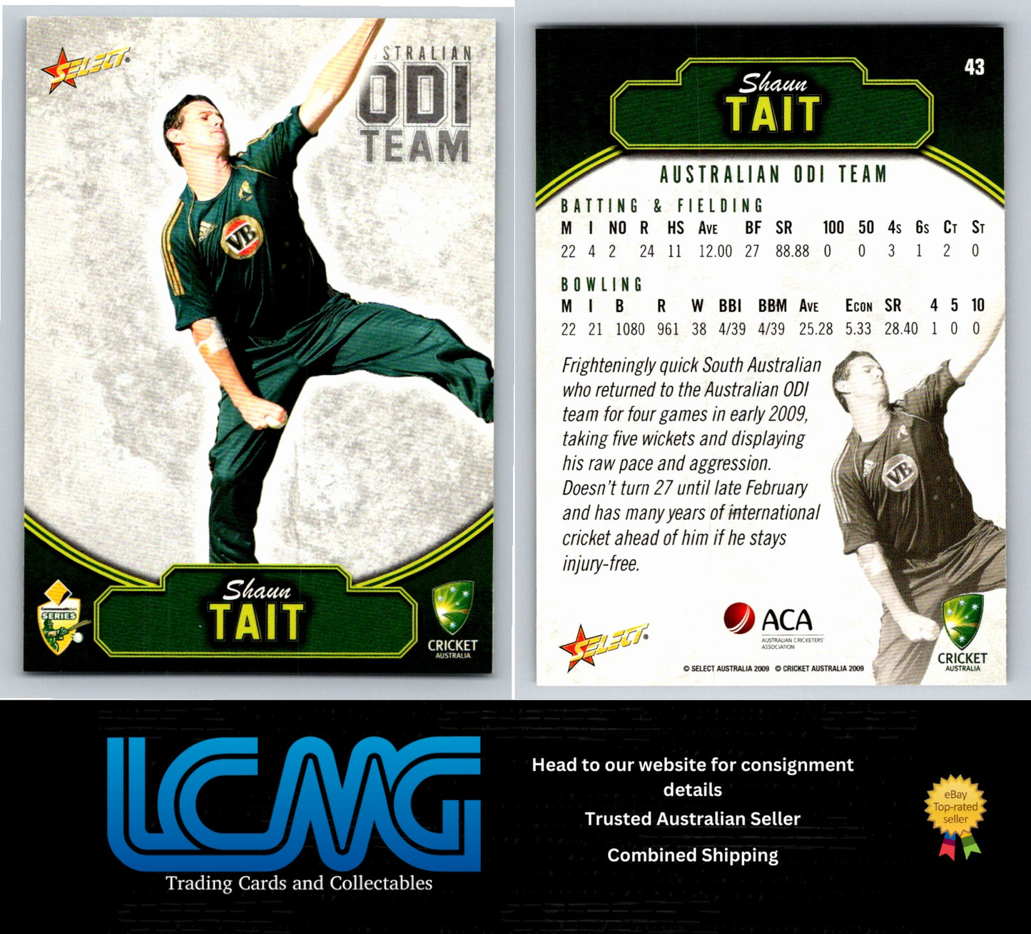 Select Cricket 2009 2010 Card # 43 Shaun Tait