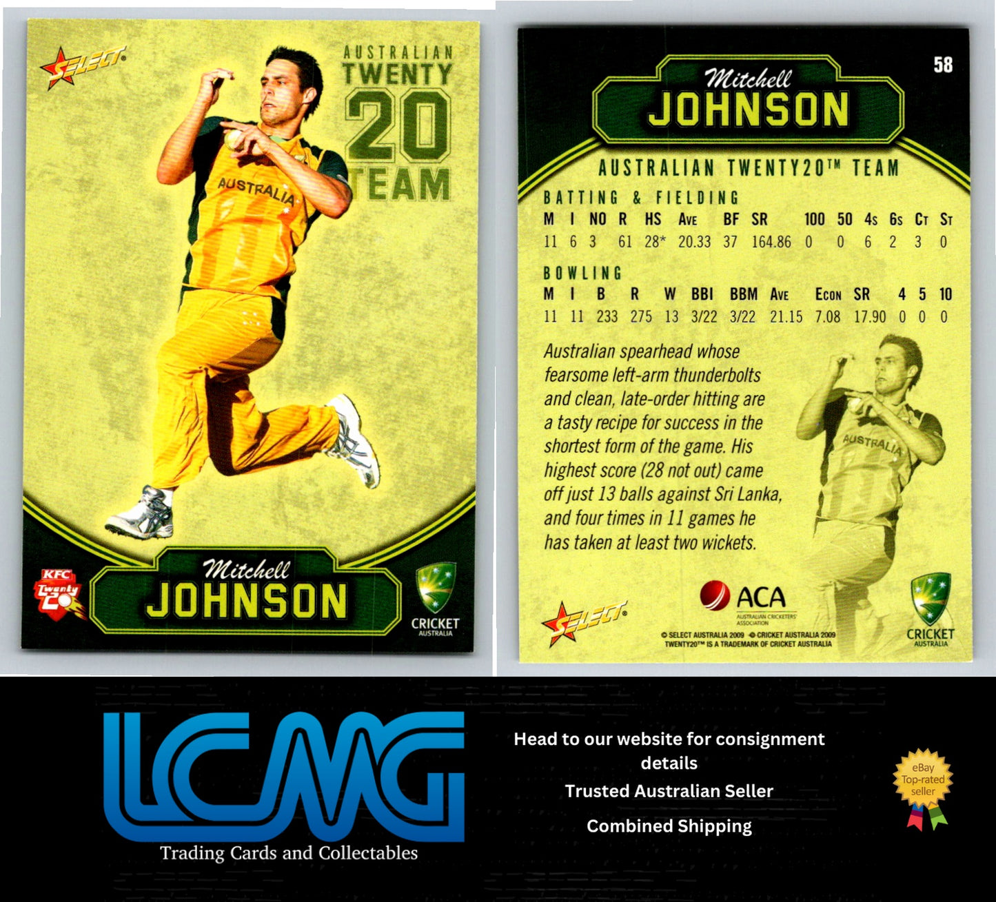Select Cricket 2009 2010 Card # 58 Mitchell Johnson