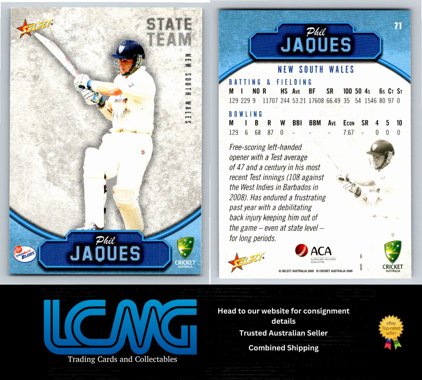 Select Cricket 2009 2010 Card # 71 Phil Jaques