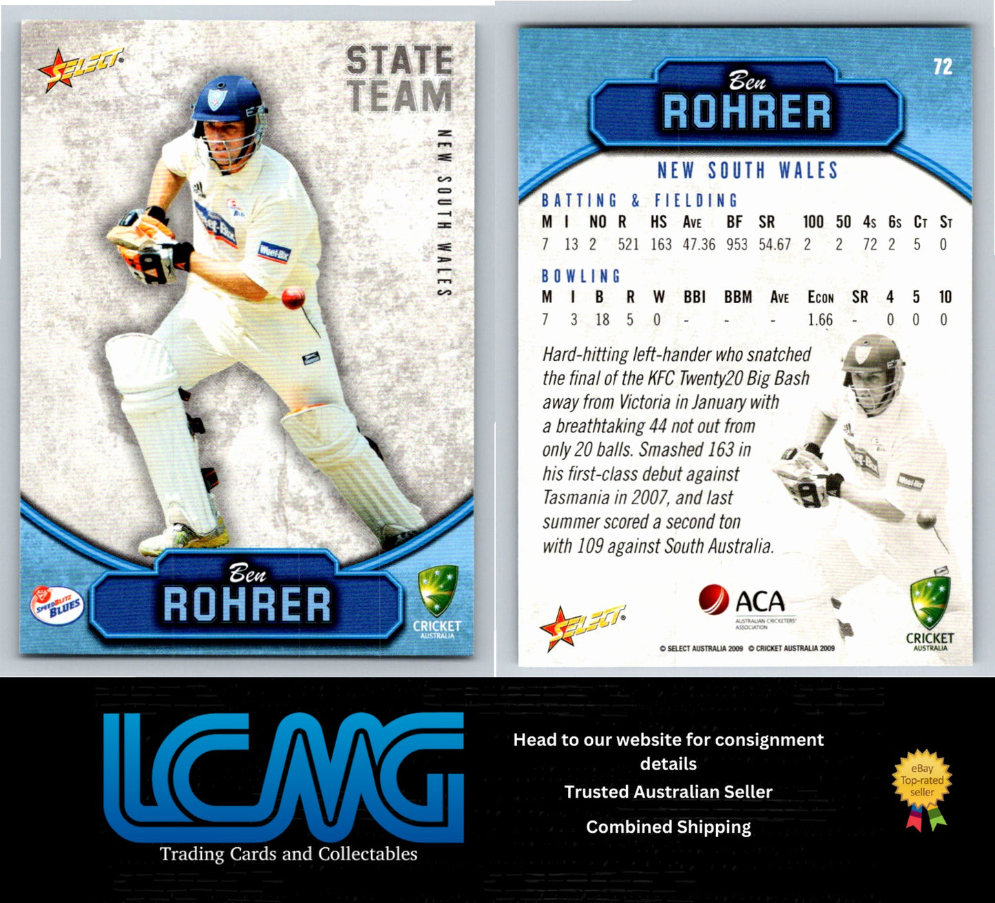 Select Cricket 2009 2010 Card # 72 Ben Rohrer
