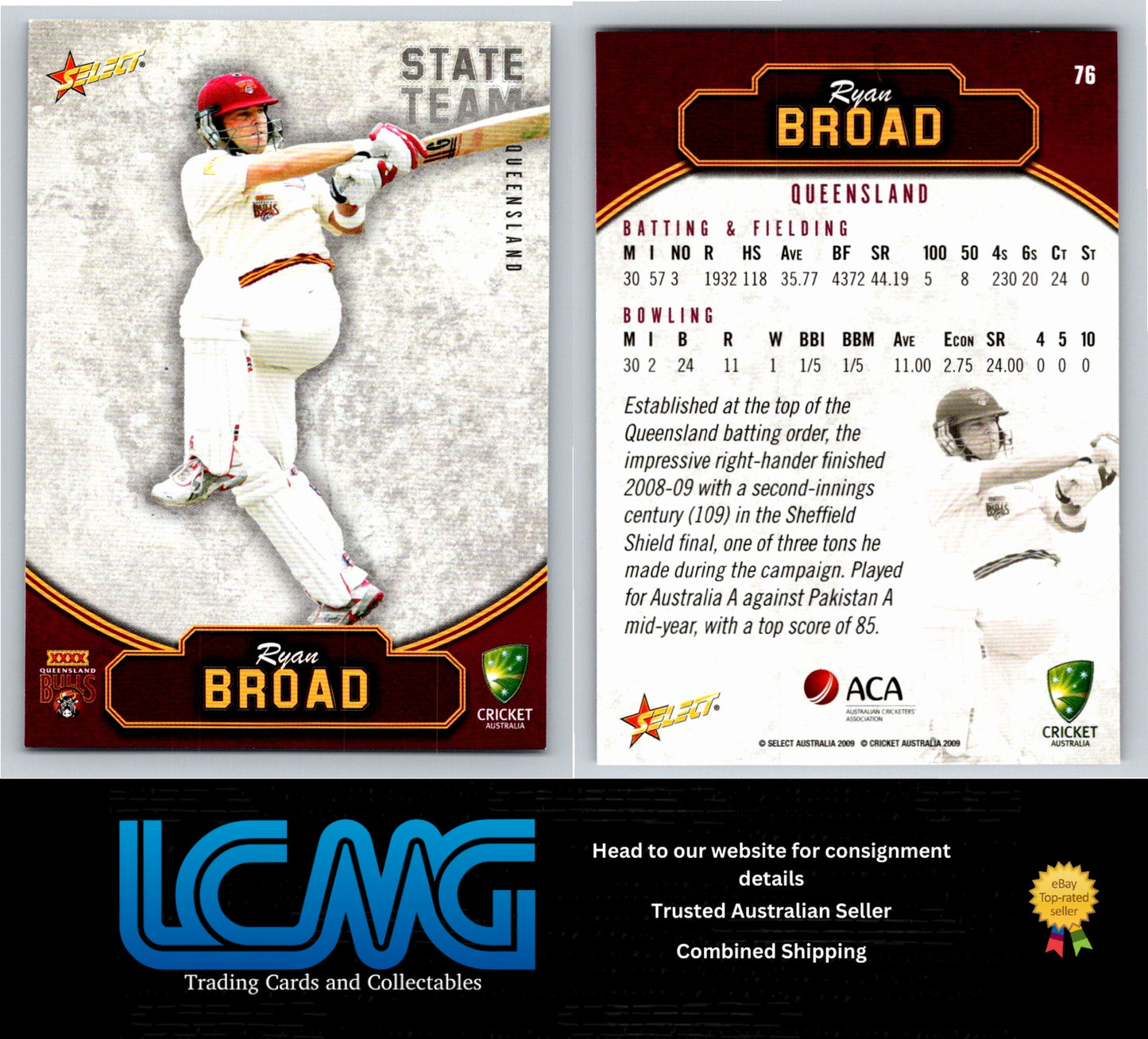 Select Cricket 2009 2010 Card # 76 Ryan Broad