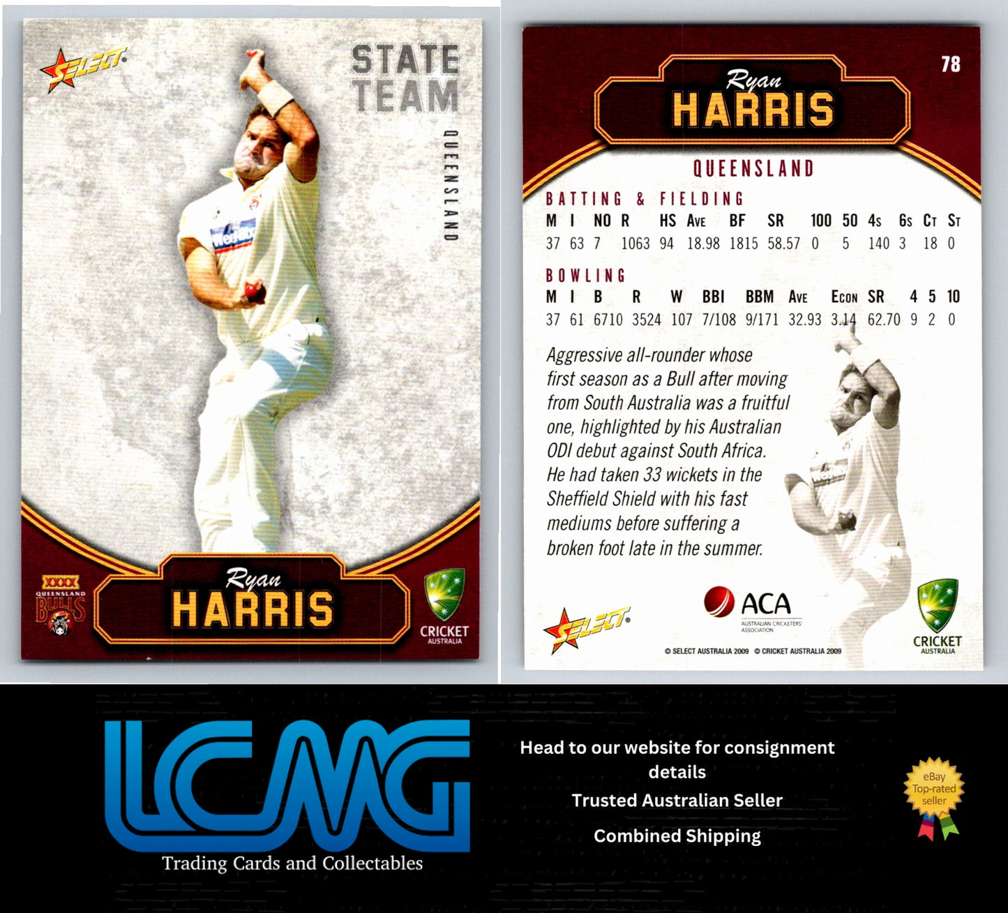 Select Cricket 2009 2010 Card # 78 Ryan Harris