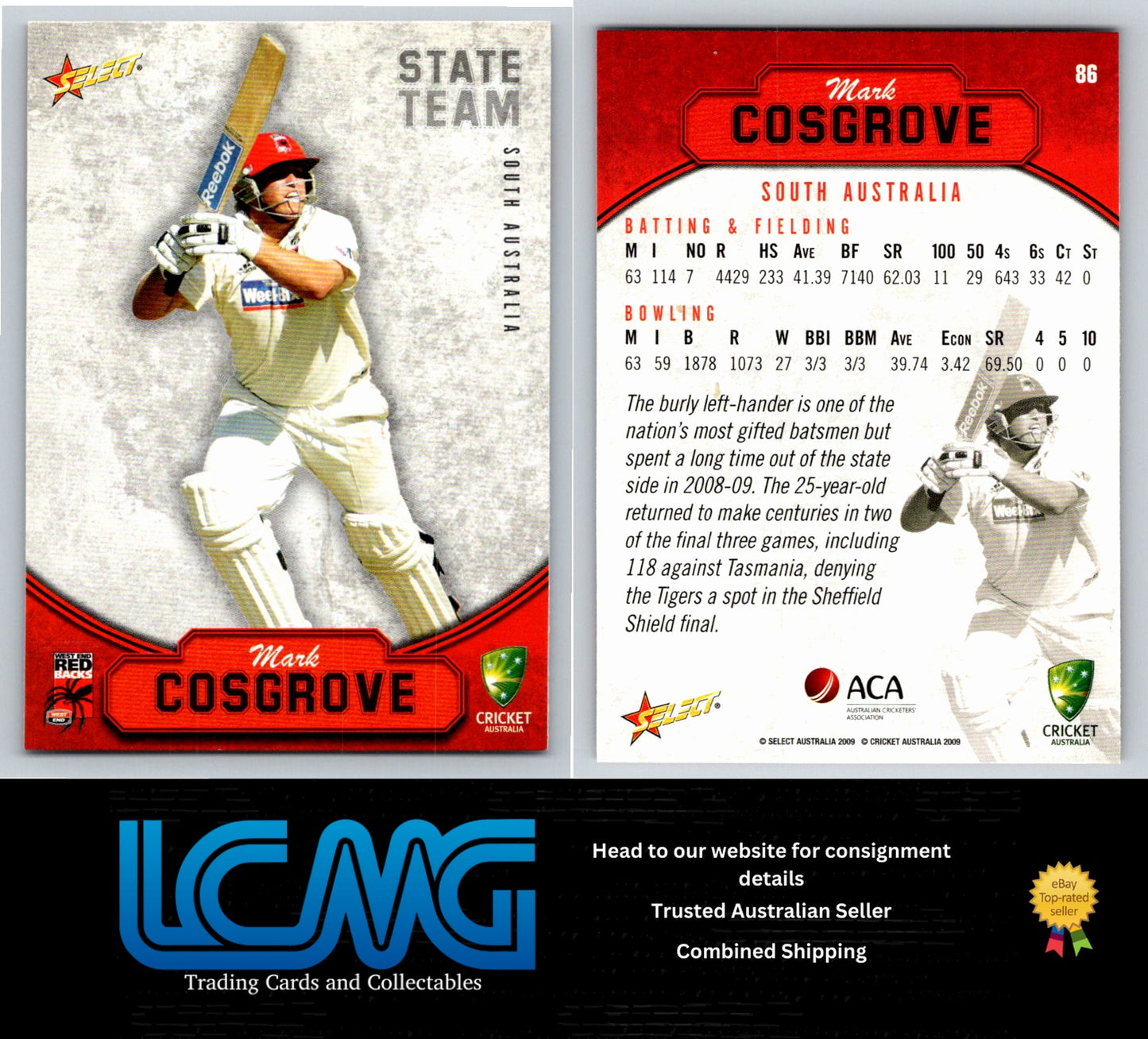 Select Cricket 2009 2010 Card # 86 Mark Cosgrove