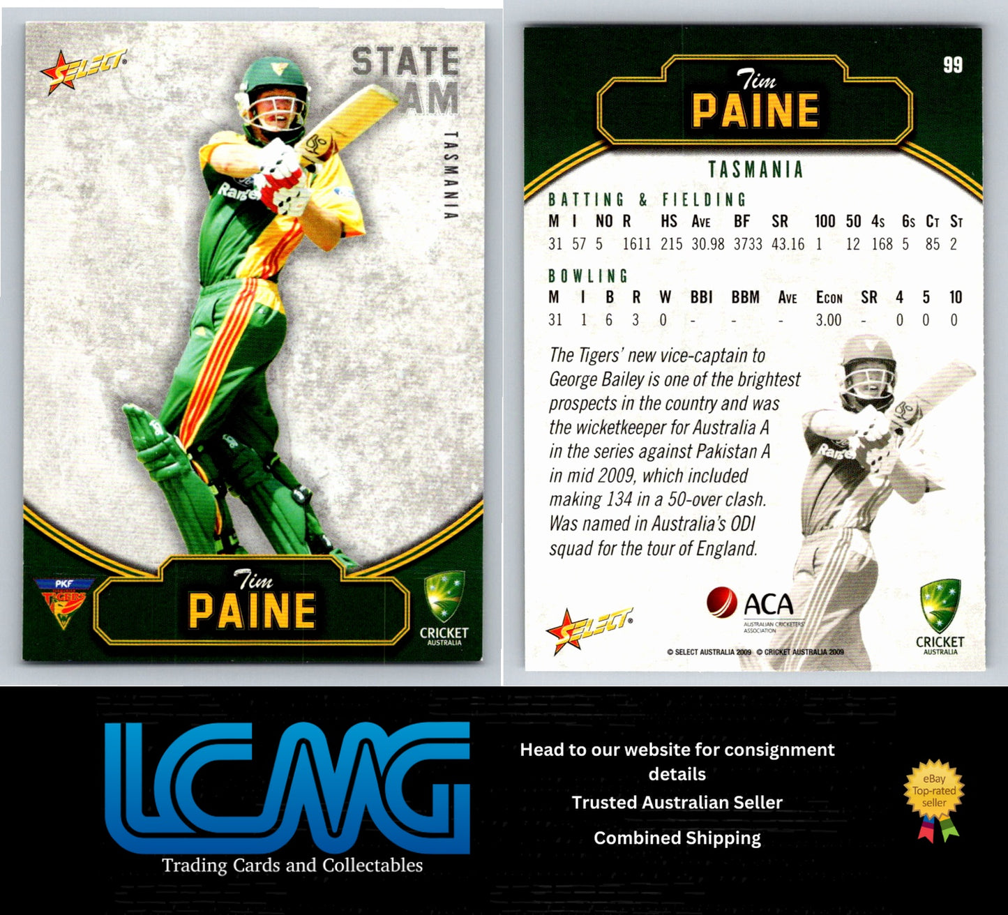 Select Cricket 2009 2010 Card # 99 Tim Paine