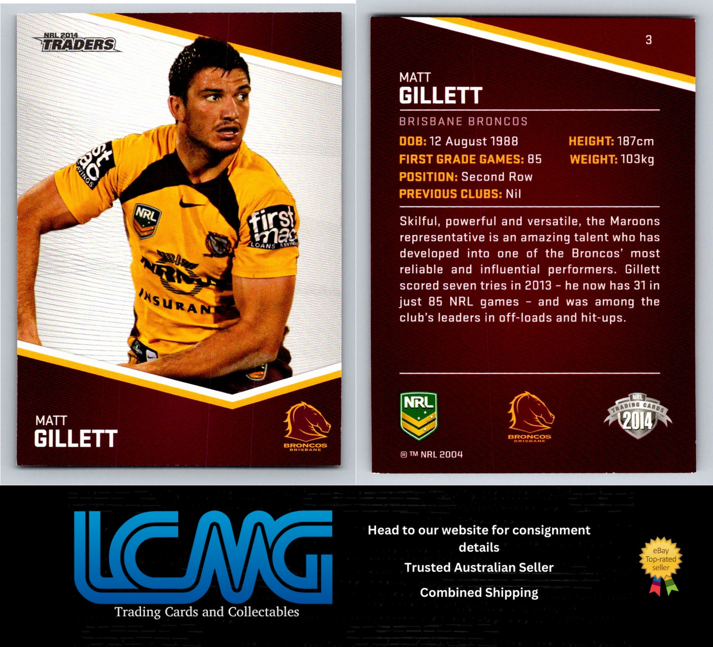 Card # 3 Matt Gillett NRL 2014 Traders Brisbane Broncos