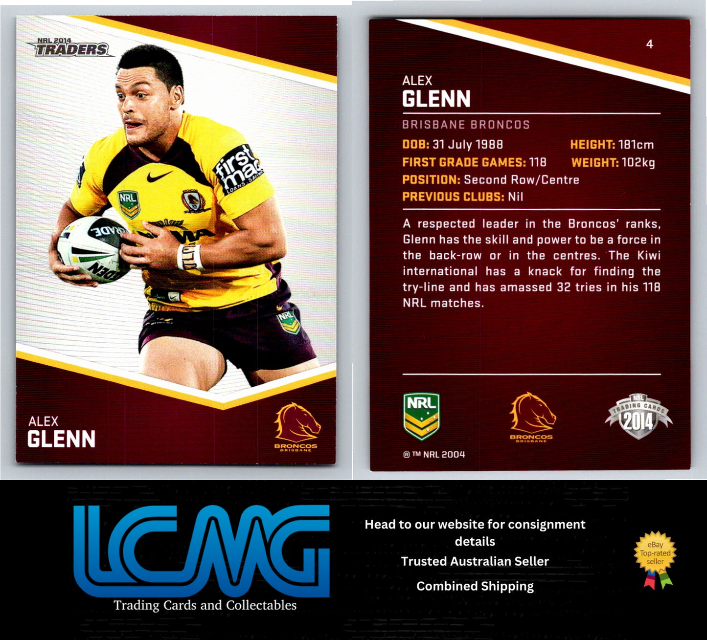 Card # 4 Alex Glenn NRL 2014 Traders Brisbane Broncos