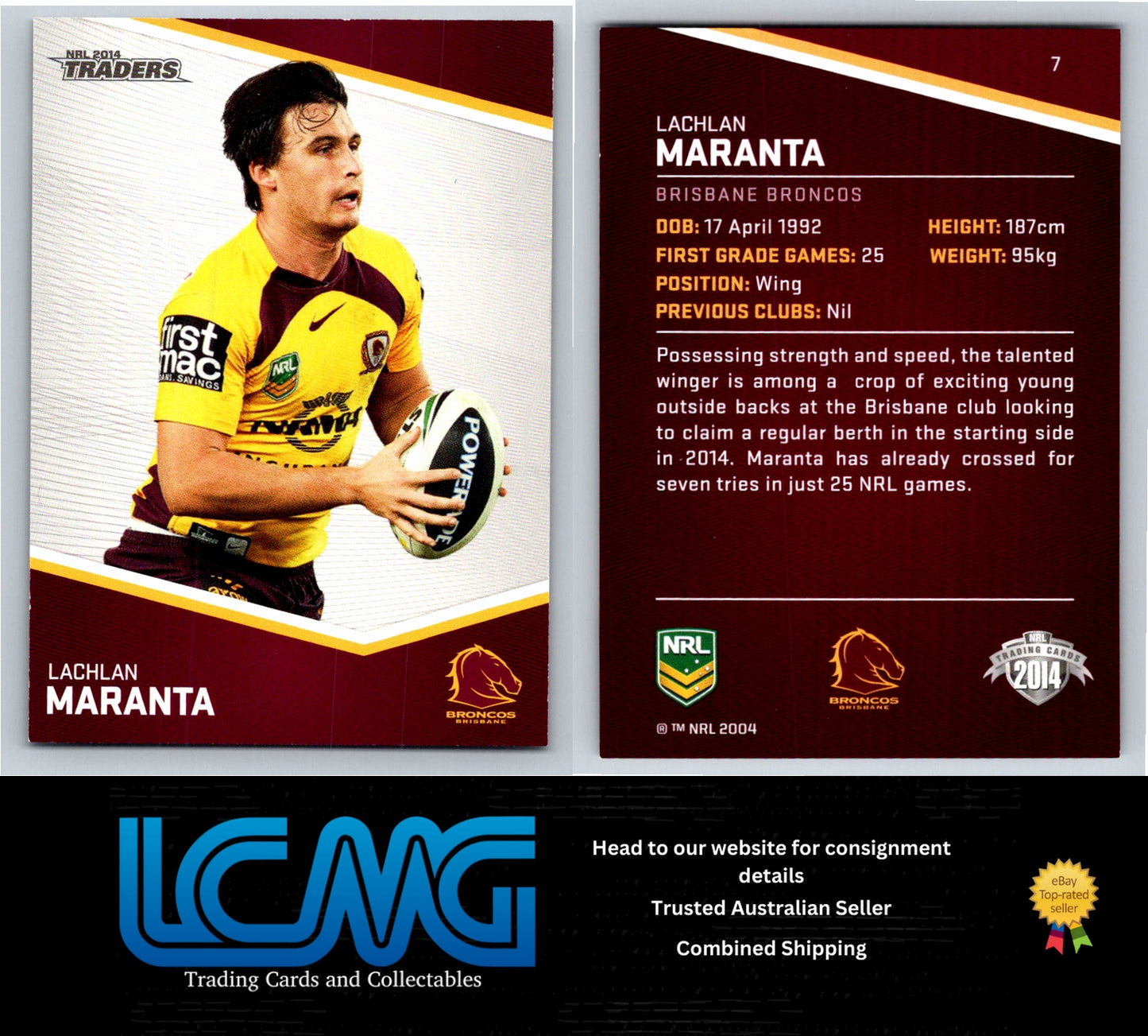 Card # 7 Lachlan Maranta NRL 2014 Traders Brisbane Broncos