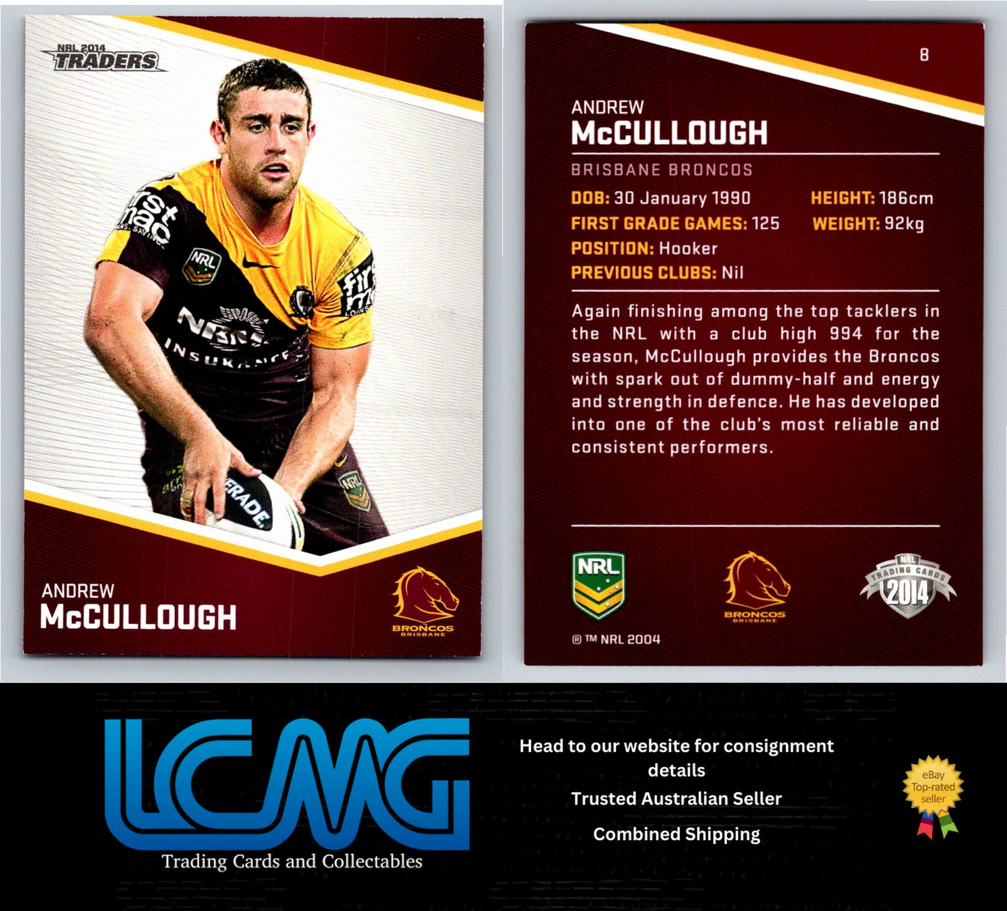 Card # 8 Andrew McCullough NRL 2014 Traders Brisbane Broncos