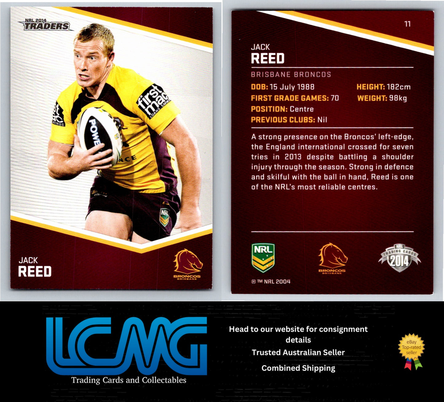Card # 11 Jack Reed NRL 2014 Traders Brisbane Broncos