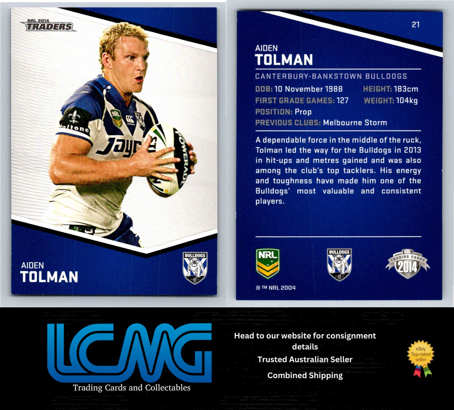 Card # 21 Aiden Tolman NRL 2014 Traders Canterbury Bulldogs