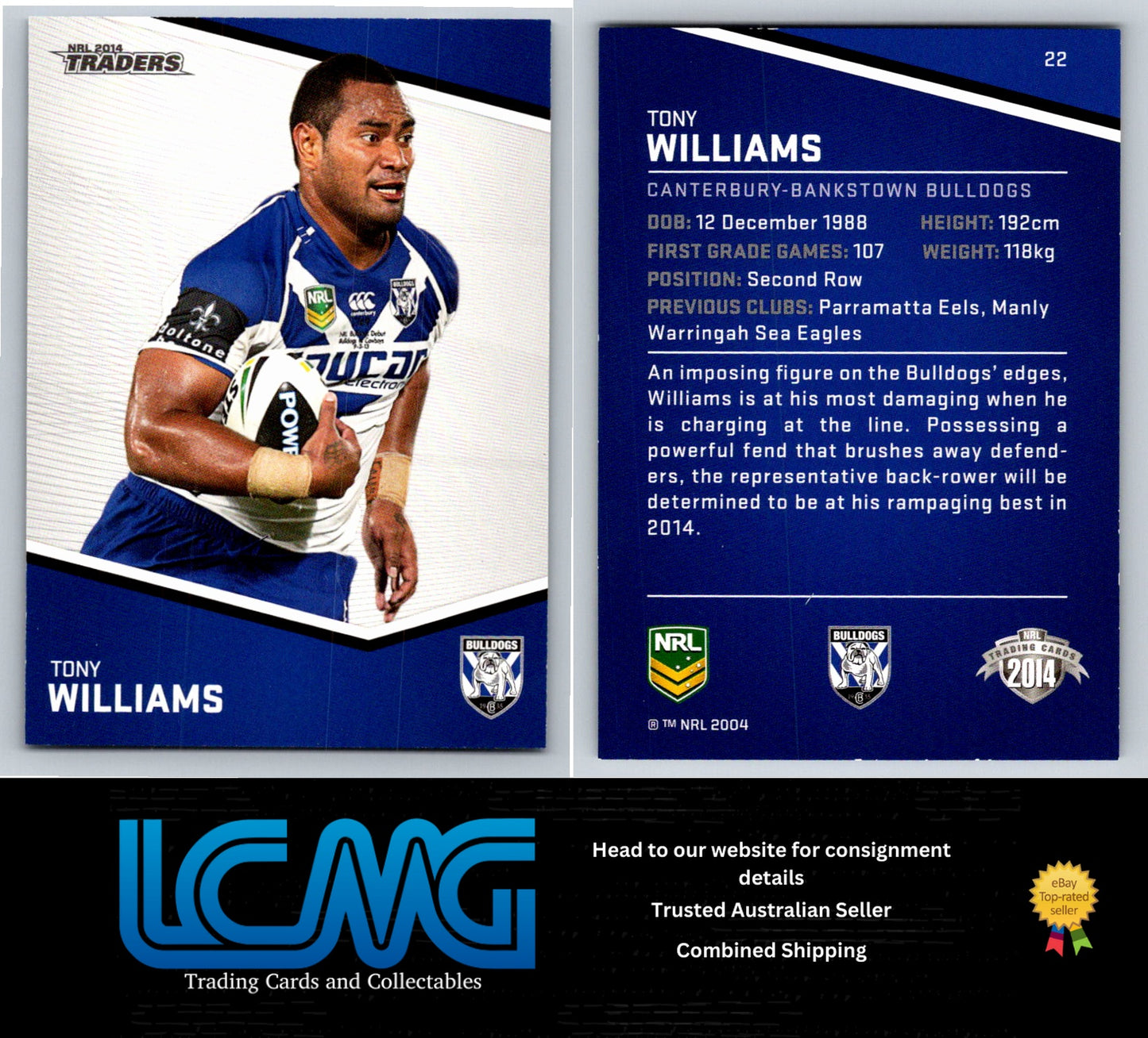 Card # 22 Tony Williams NRL 2014 Traders Canterbury Bulldogs