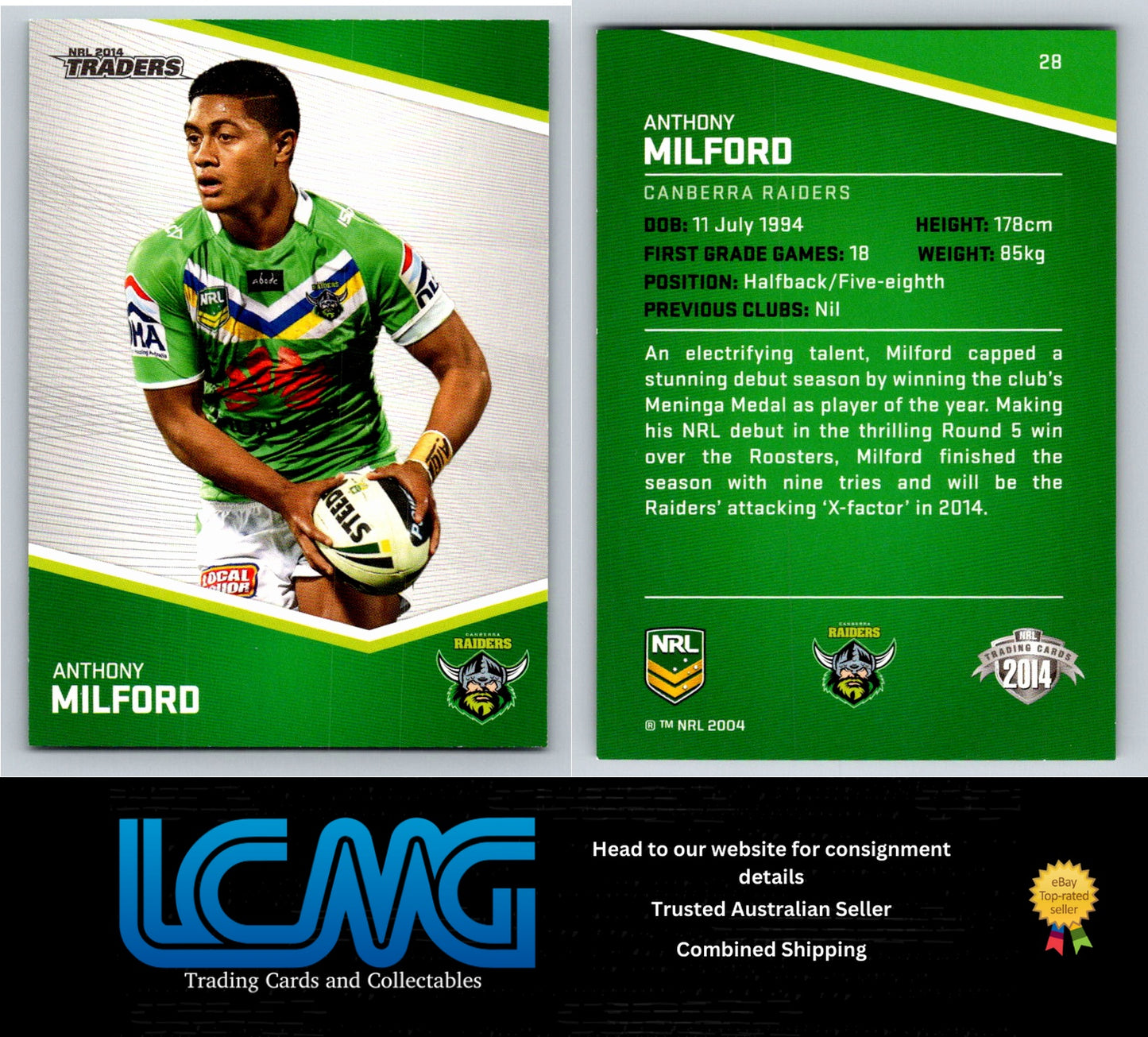 Card # 28 Anthony Milford NRL 2014 Traders Canberra Raiders