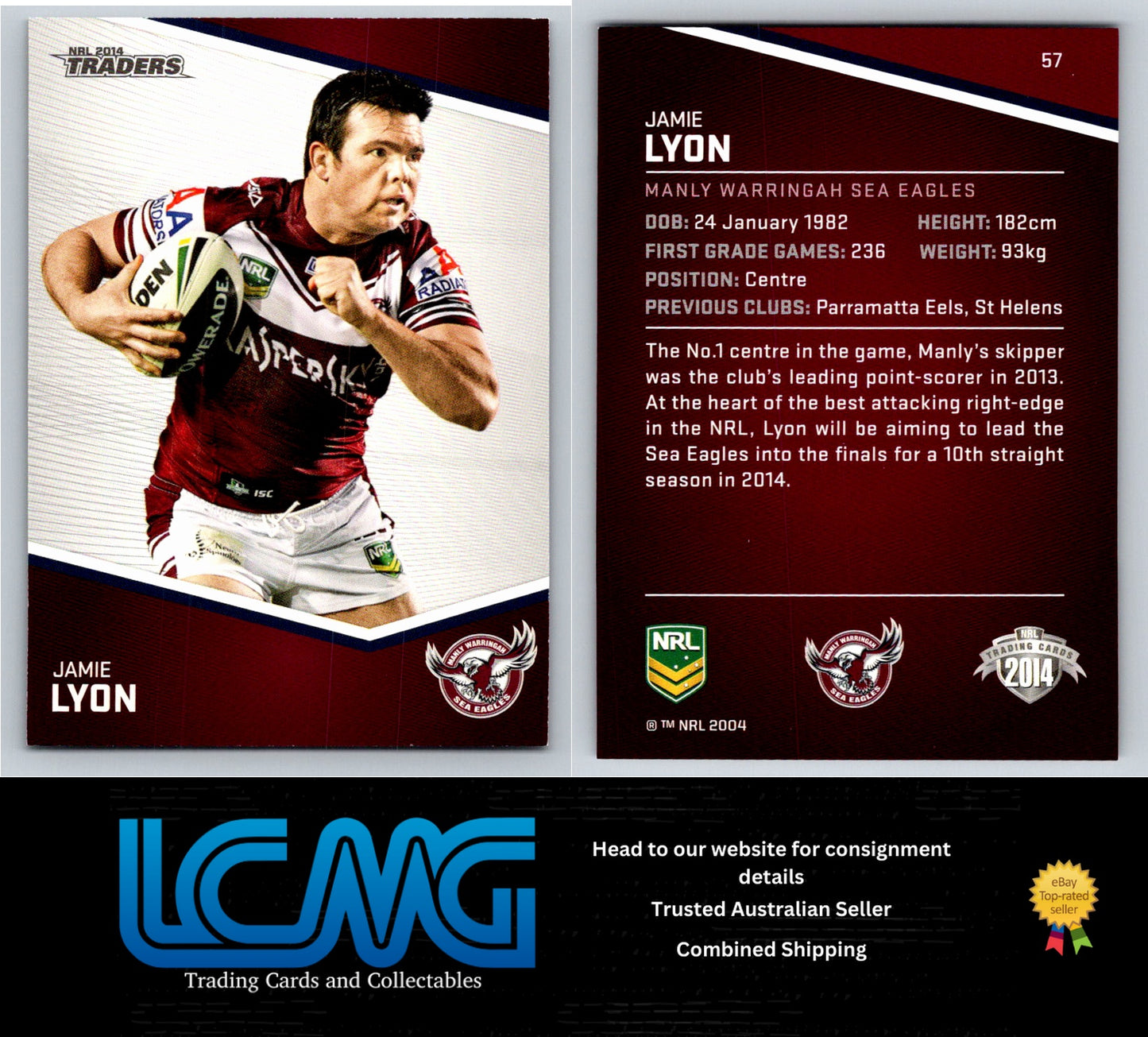 Card # 57 Jamie Lyon NRL 2014 Traders Manly Warringah Sea Eagles