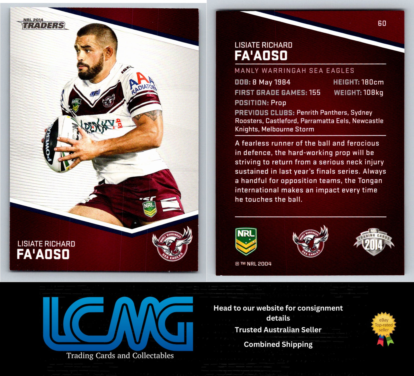 Card # 60 Lisiate Richard Fa'a NRL 2014 Traders Manly Warringah Sea Eagles