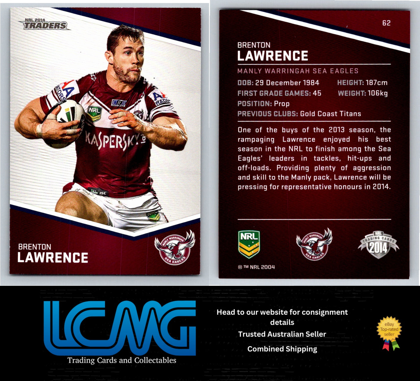 Card # 62 Brenton Lawrence NRL 2014 Traders Manly Warringah Sea Eagles