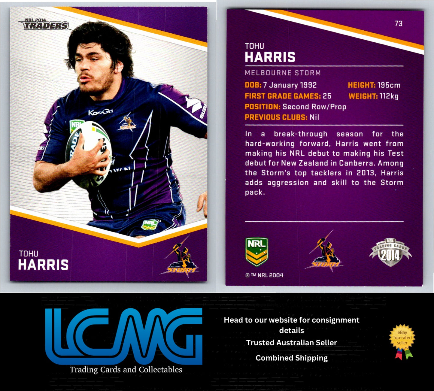 Card # 73 Tohu Harris NRL 2014 Traders Melbourne Storm