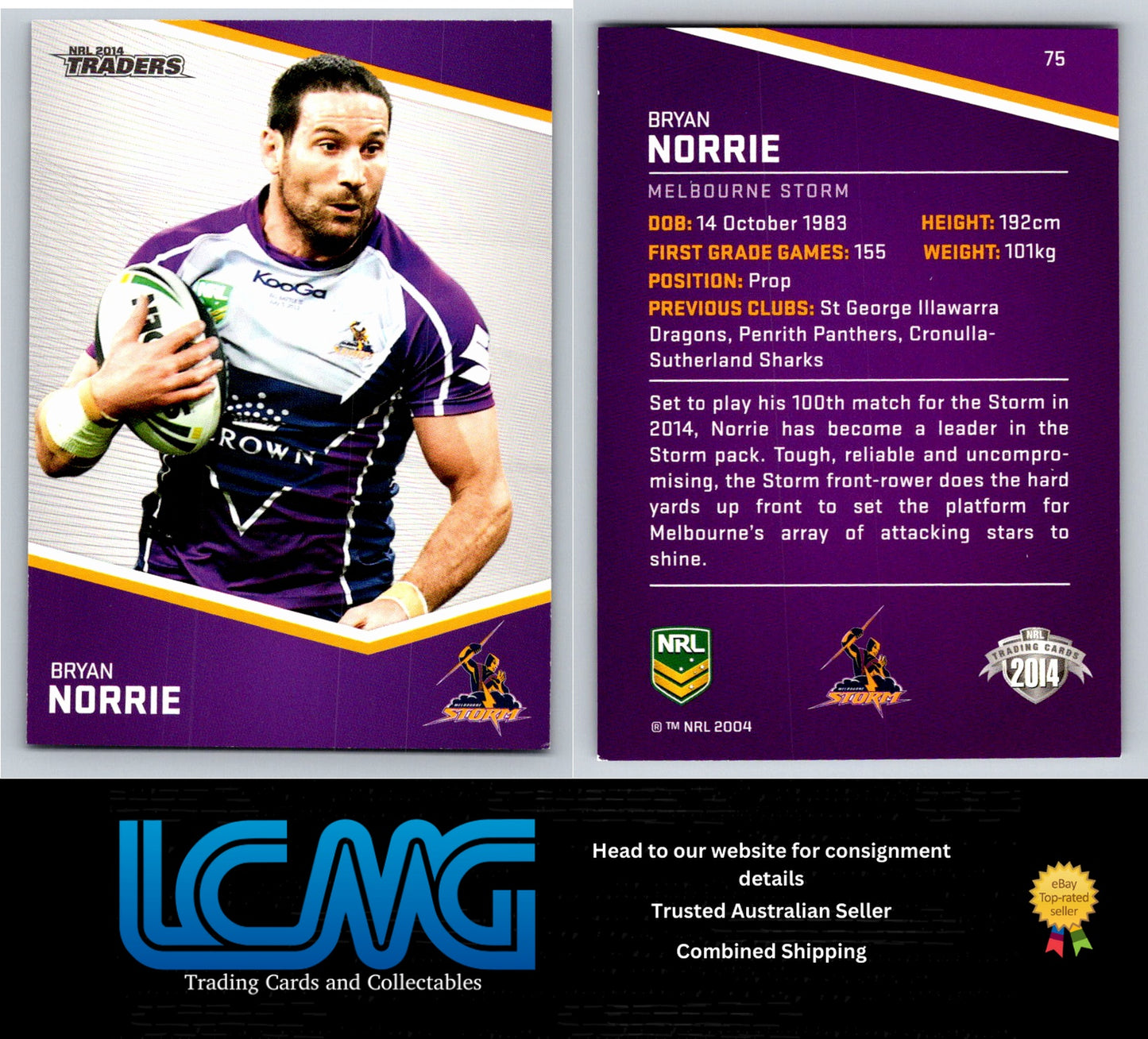 Card # 75 Bryan Norrie NRL 2014 Traders Melbourne Storm
