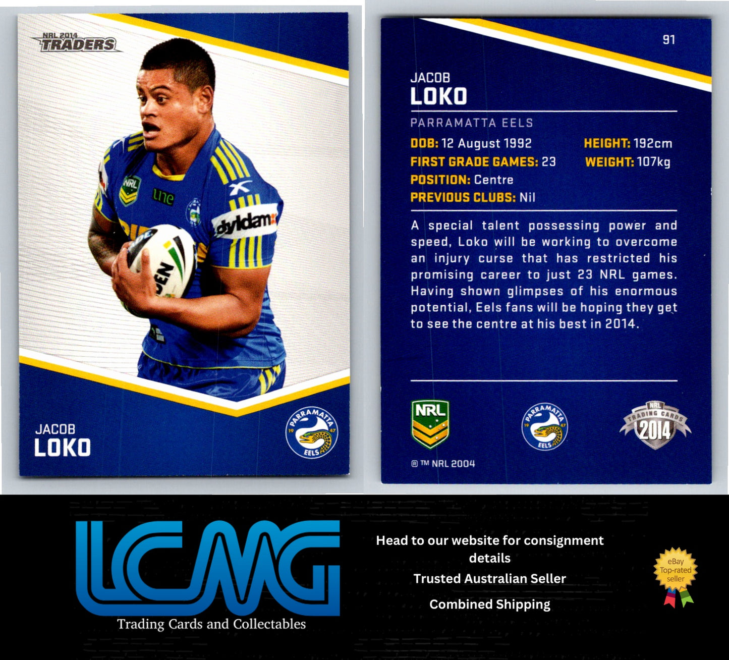 Card # 91 Jacob Loko NRL 2014 Traders Parramatta Eels