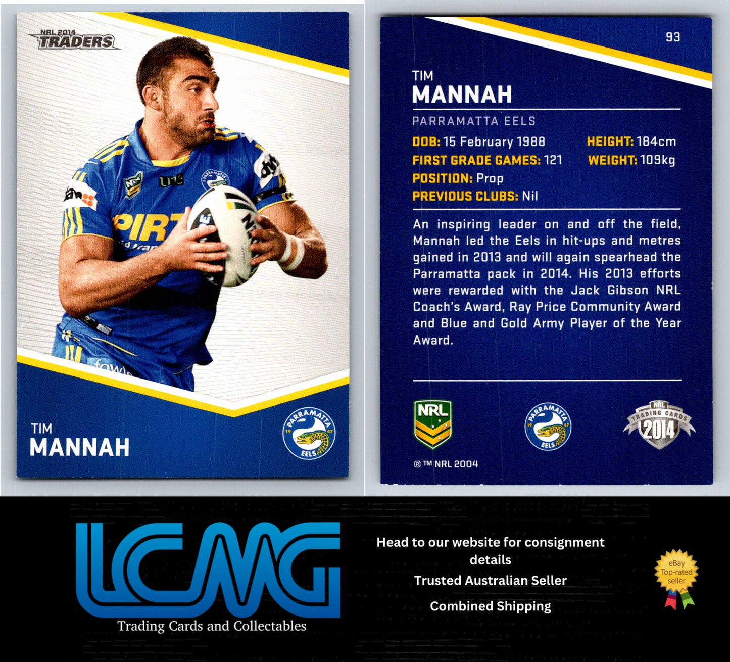 Card # 93 Tim Mannah NRL 2014 Traders Parramatta Eels