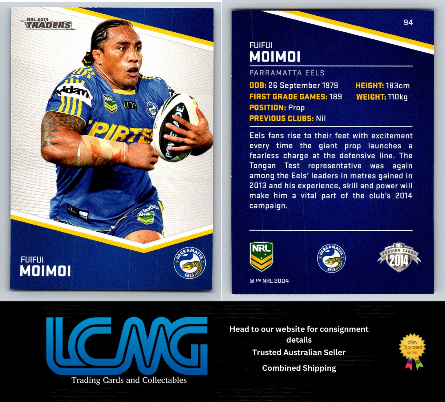 Card # 94 Fuifui Moimoi NRL 2014 Traders Parramatta Eels
