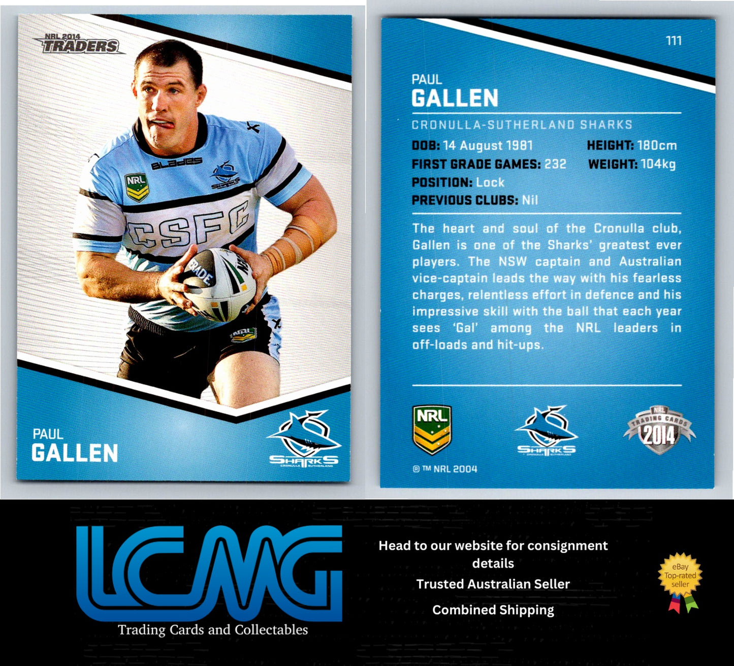 Card # 111 Paul Gallen NRL 2014 Traders Cronulla Sutherland Sharks