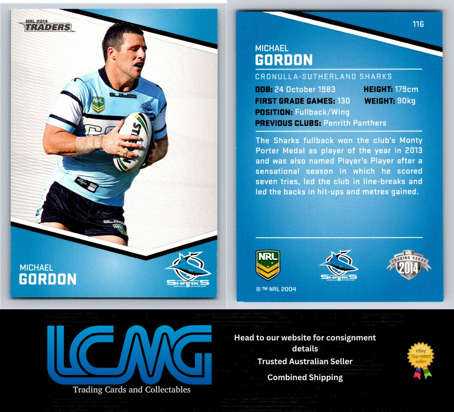 Card # 116 Michael Gordon NRL 2014 Traders Cronulla Sutherland Sharks