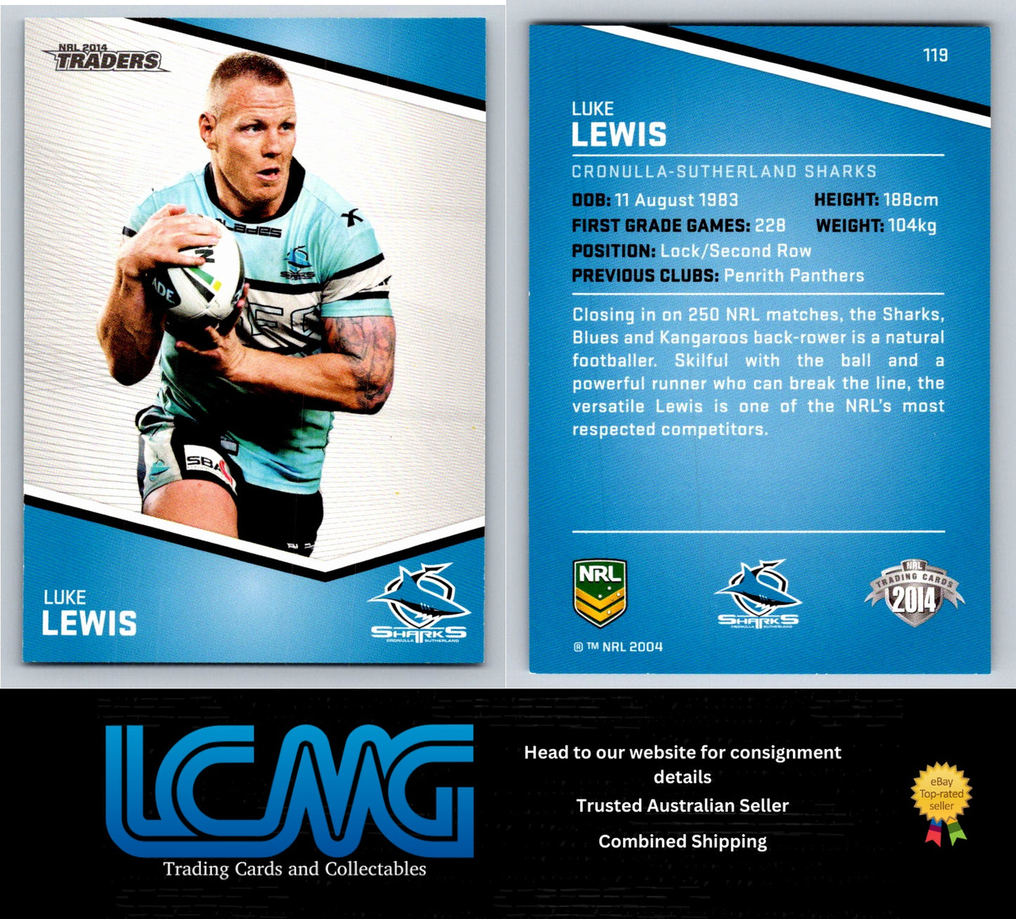 Card # 119 Luke Lewis NRL 2014 Traders Cronulla Sutherland Sharks