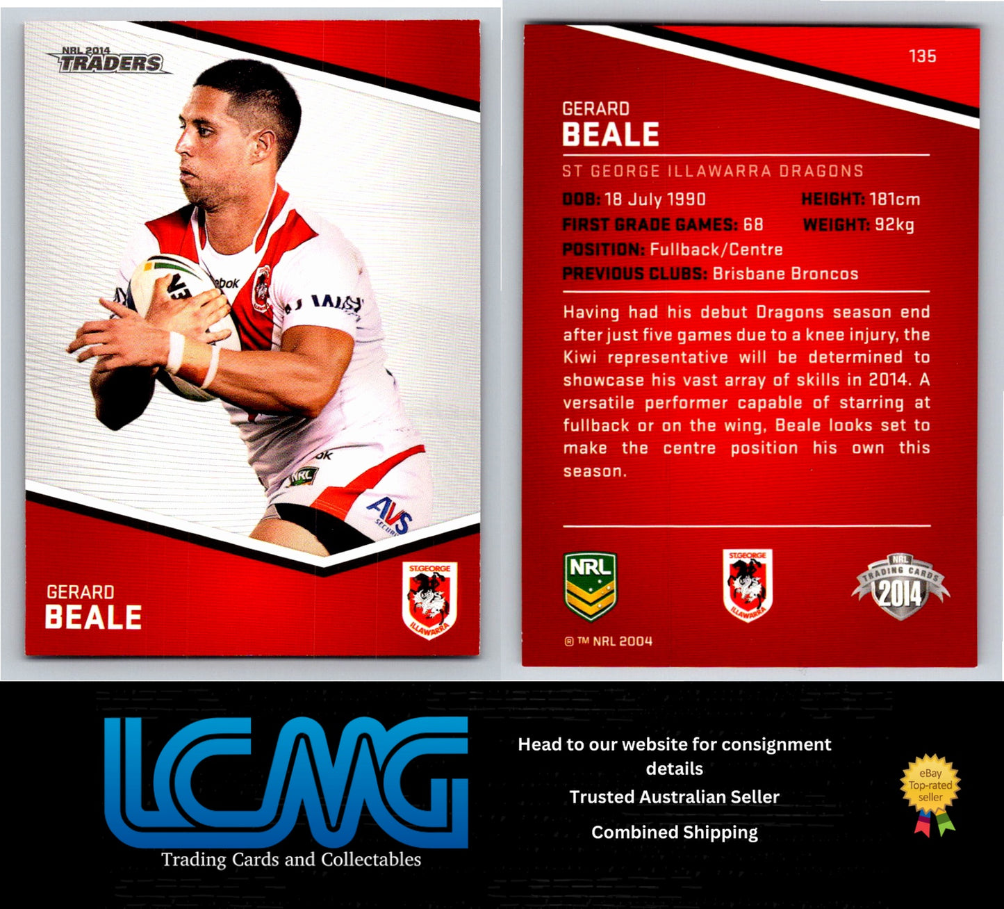 Card # 135 Gerard Beale NRL 2014 Traders St George Illawarra Dragons