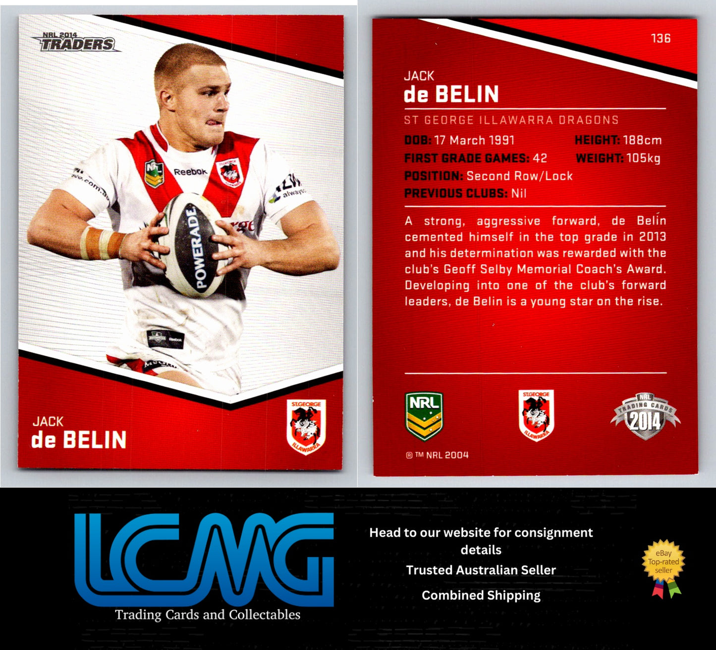 Card # 136 Jack de Belin NRL 2014 Traders St George Illawarra Dragons
