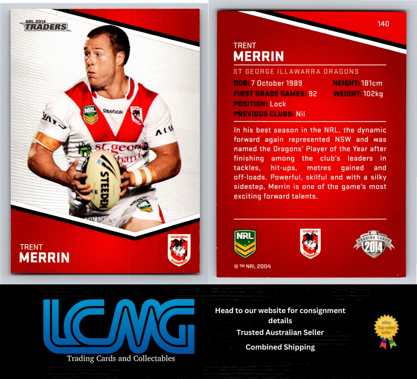 Card # 140 Trent Merrin NRL 2014 Traders St George Illawarra Dragons