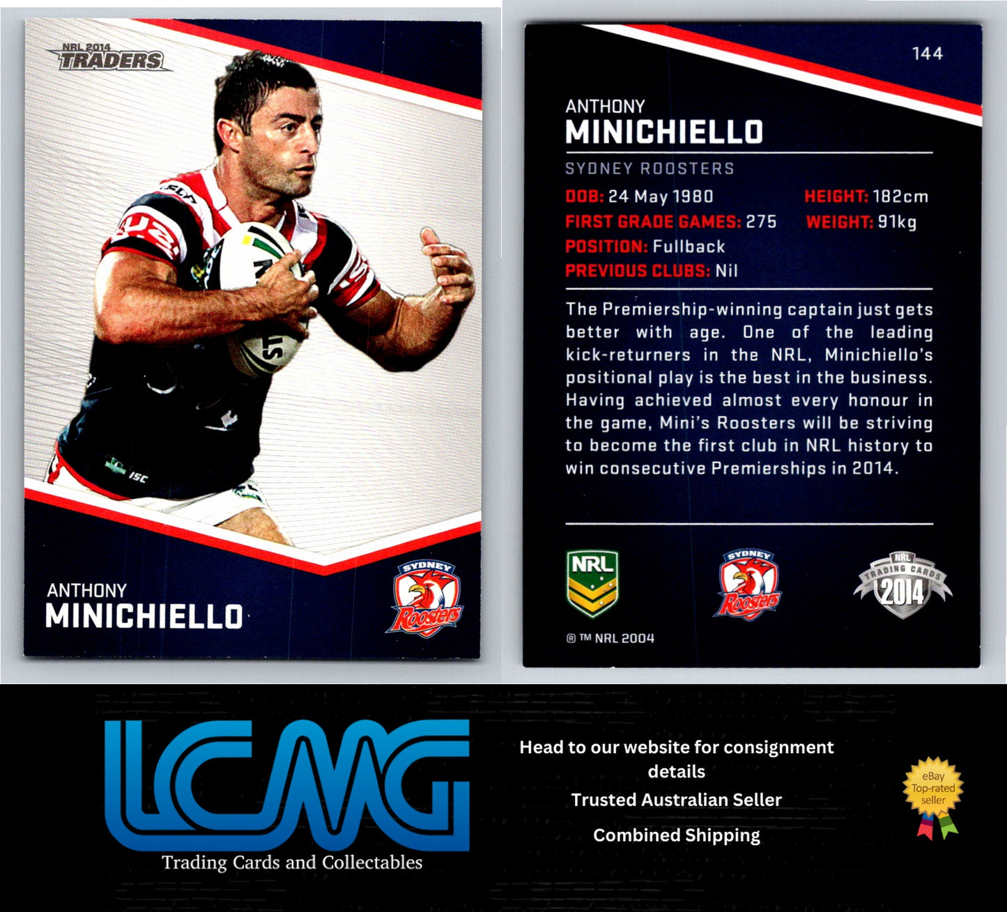 Card # 144 Anthony Minichiello NRL 2014 Traders Sydney Roosters