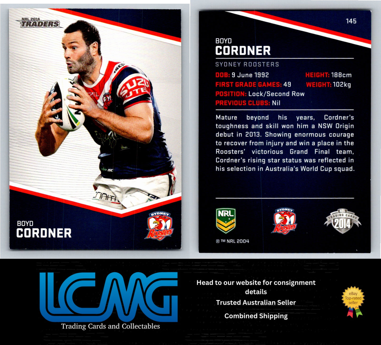 Card # 145 Boyd Cordner NRL 2014 Traders Sydney Roosters