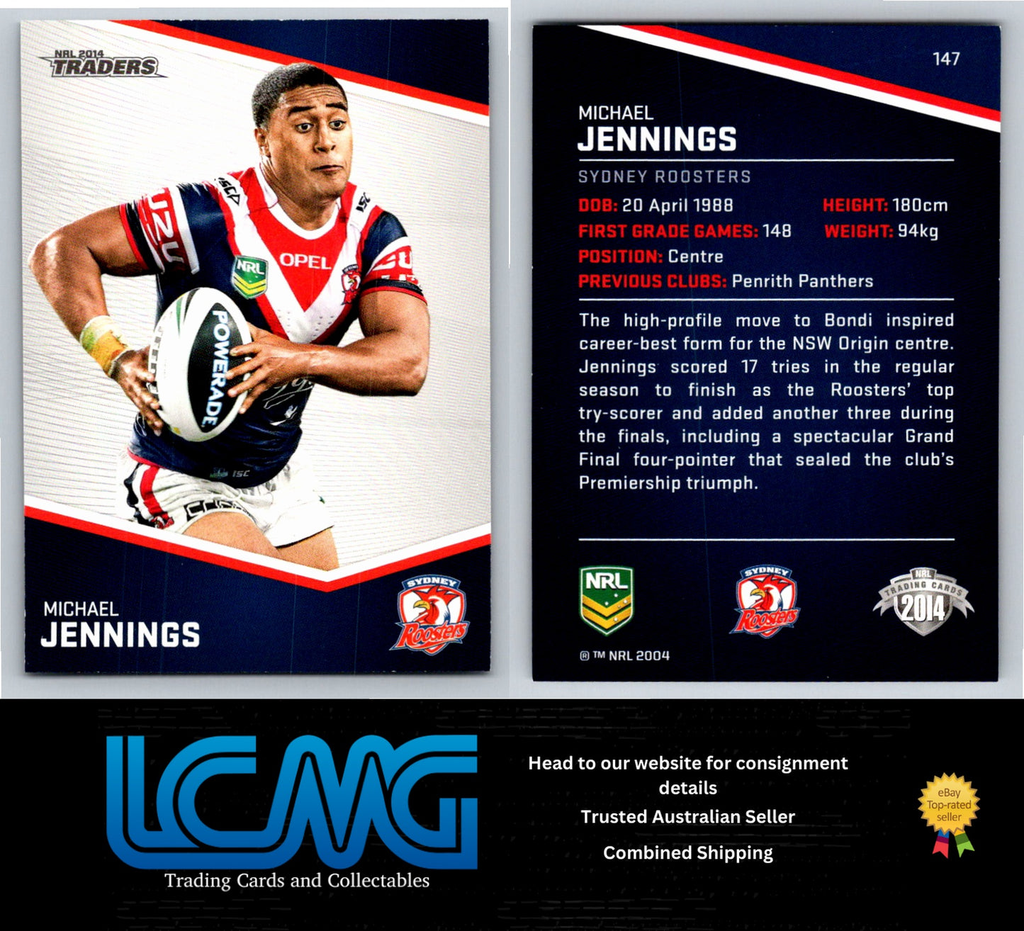 Card # 147 Michael Jennings NRL 2014 Traders Sydney Roosters