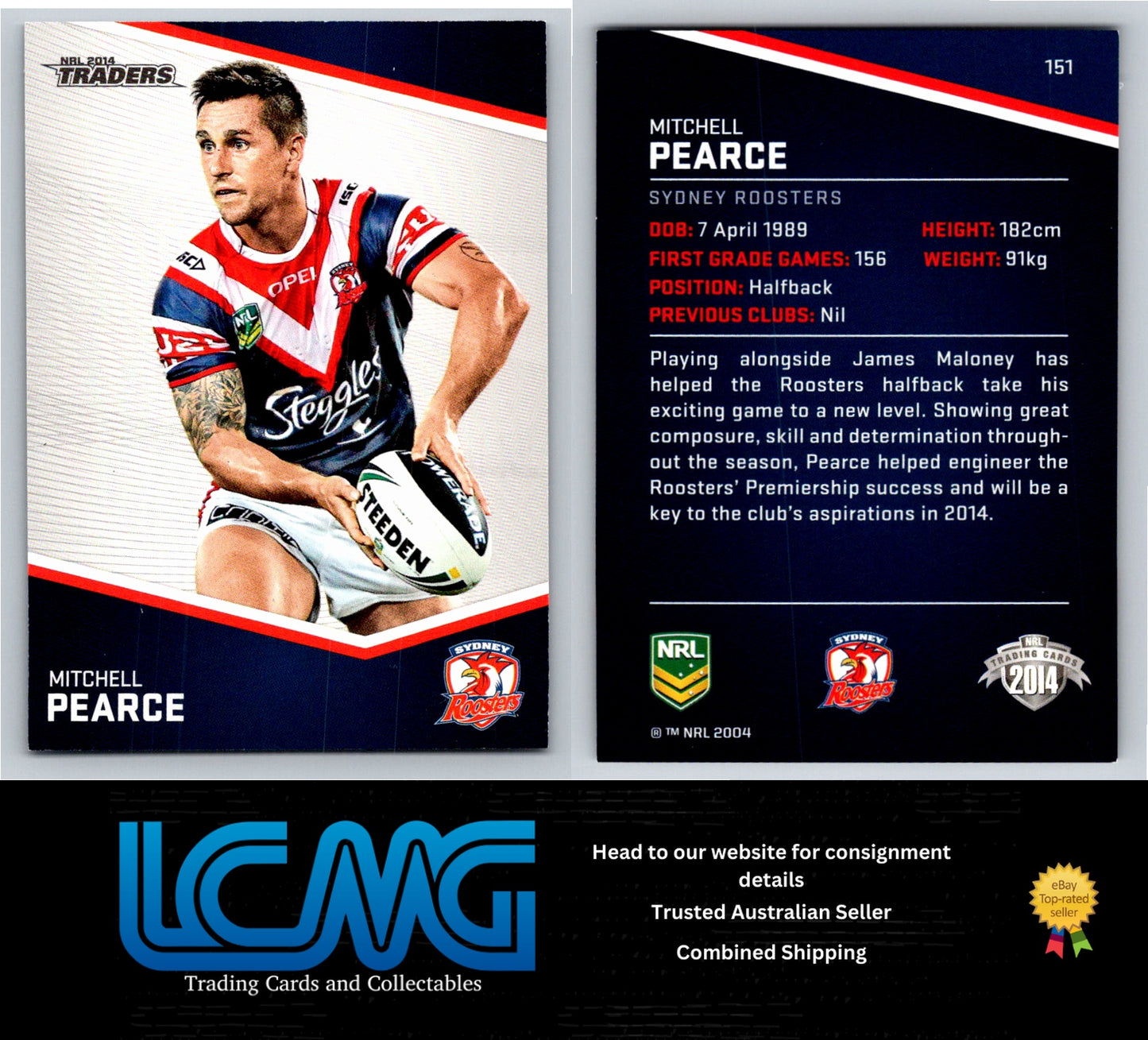 Card # 151 Mitchell Pearce NRL 2014 Traders Sydney Roosters