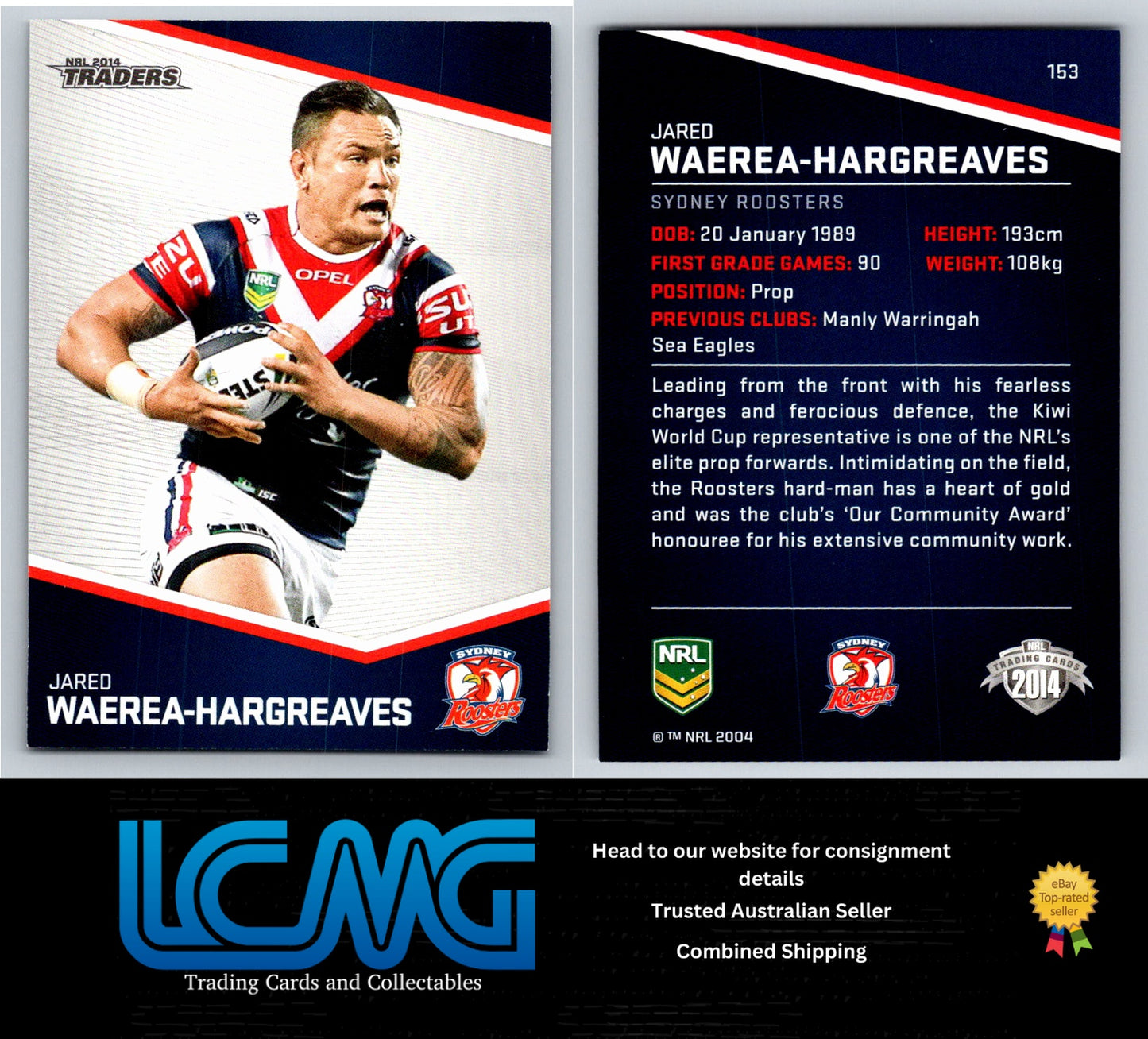 Card # 153 Jared Waerea-Hargrea NRL 2014 Traders Sydney Roosters