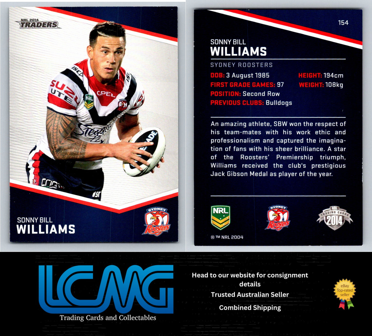 Card # 154 Sonny Bill Williams NRL 2014 Traders Sydney Roosters