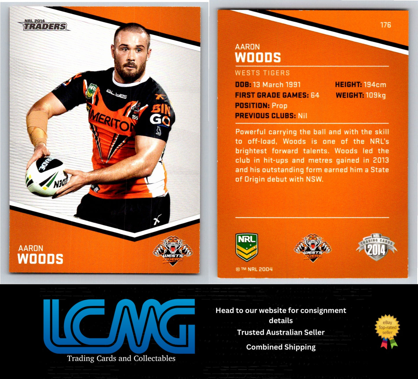 Card # 176 Aaron Woods NRL 2014 Traders Wests Tigers