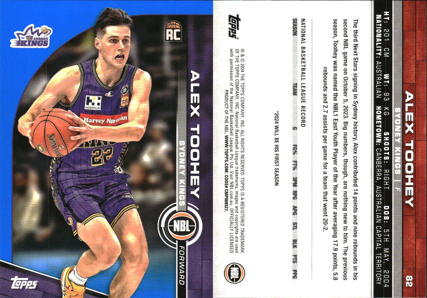 2023-24 Topps NBL Blue Parallel Alex Toohey Rookie Sydney Kings