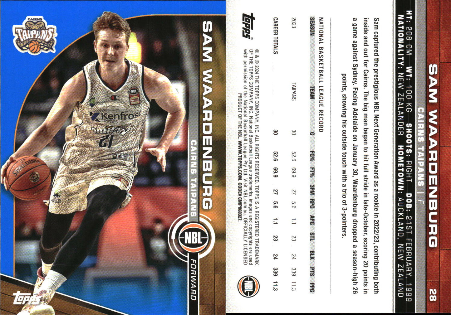 2023-24 Topps NBL Blue Parallel Sam Waardenburg Cairns Tapians