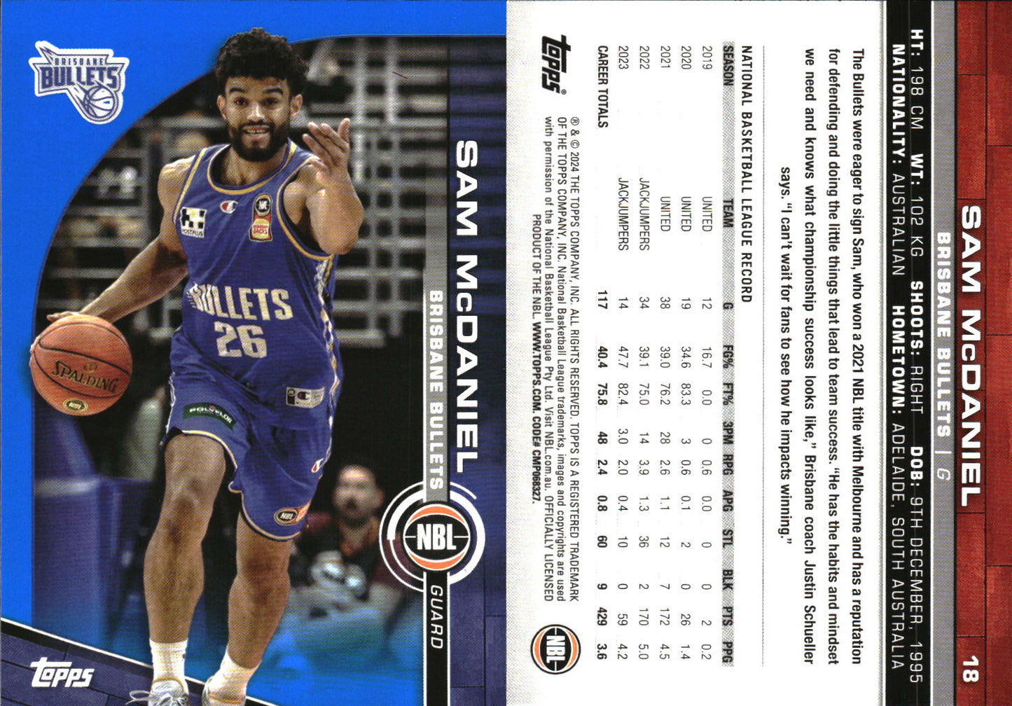 2023-24 Topps NBL Blue Parallel Sam McDaniel Brisbane Bullets