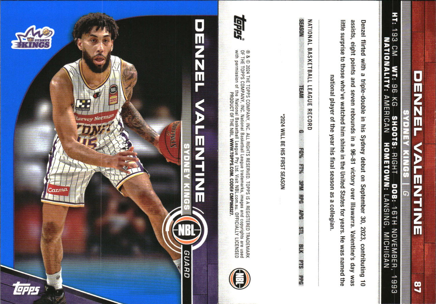 2023-24 Topps NBL Blue Parallel Denzel Valentine Sydney Kings