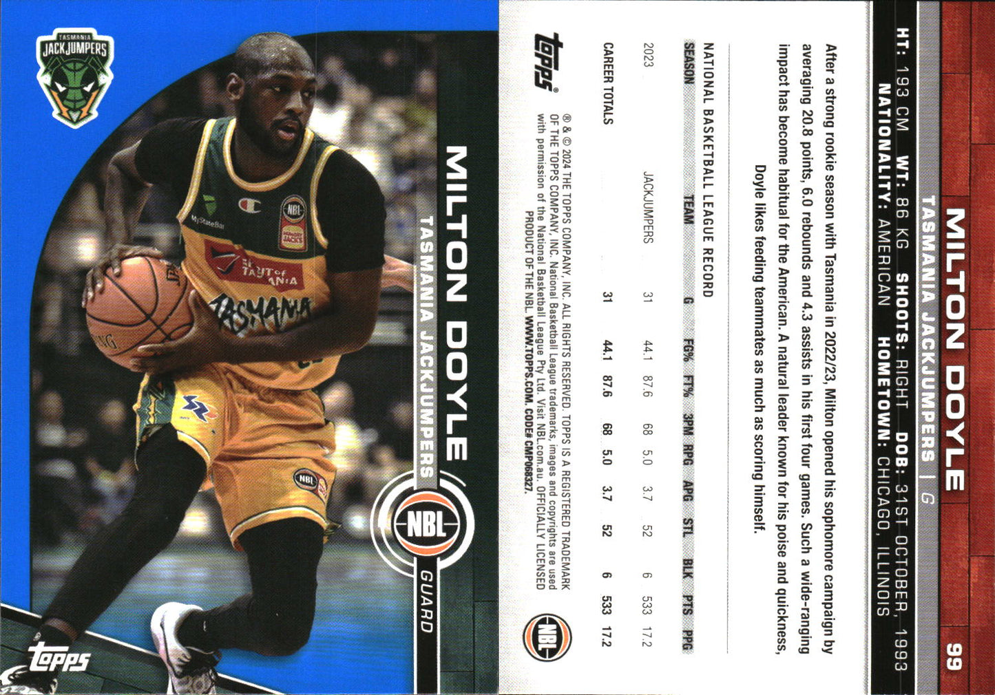 2023-24 Topps NBL Blue Parallel Milton Doyle Tasmania JackJumpers
