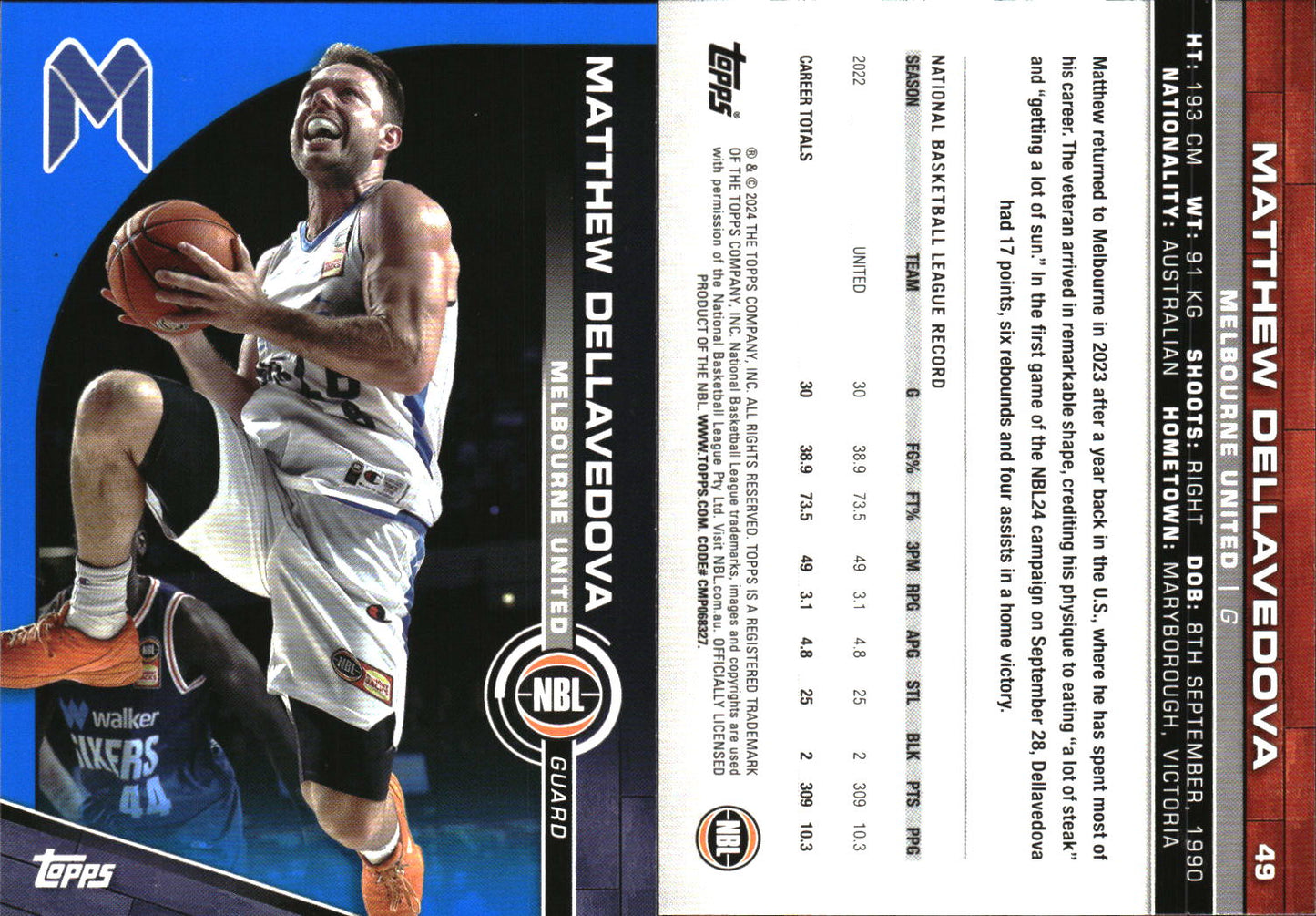 2023-24 Topps NBL Blue Parallel Matthew Dellavedova Melbourne United