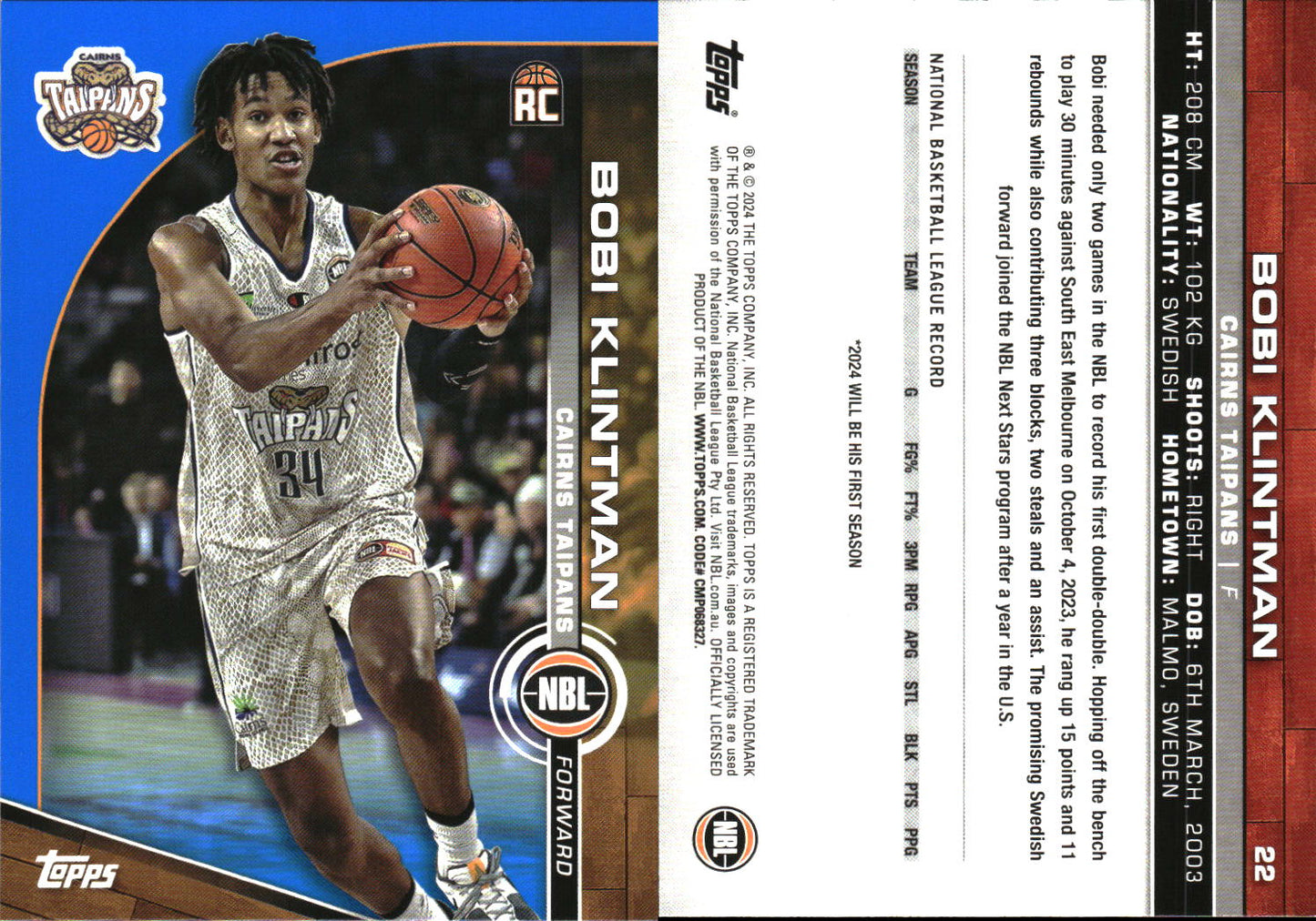 2023-24 Topps NBL Blue Parallel Bobi Klintman Rookie Cairns Taipans