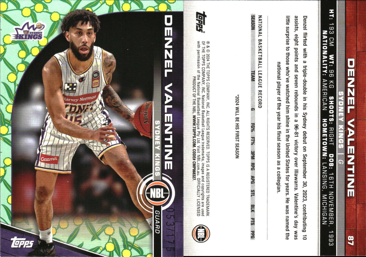 2023 2024 Topps NBL Golden Wattle /175 Denzel Valentine Sydney Kings