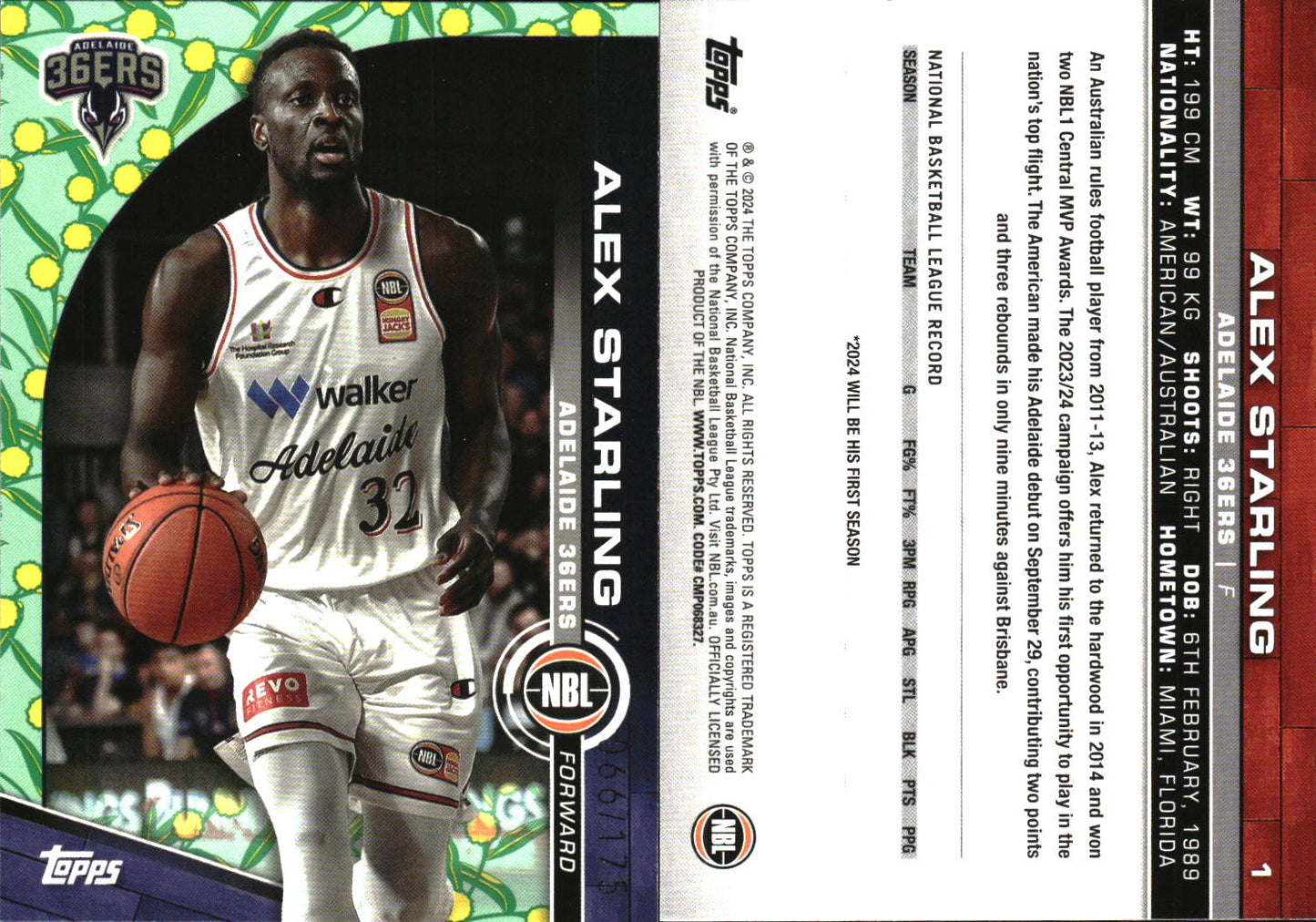 2023 2024 Topps NBL Golden Wattle /175 Alex Starling Adelaide 36ers