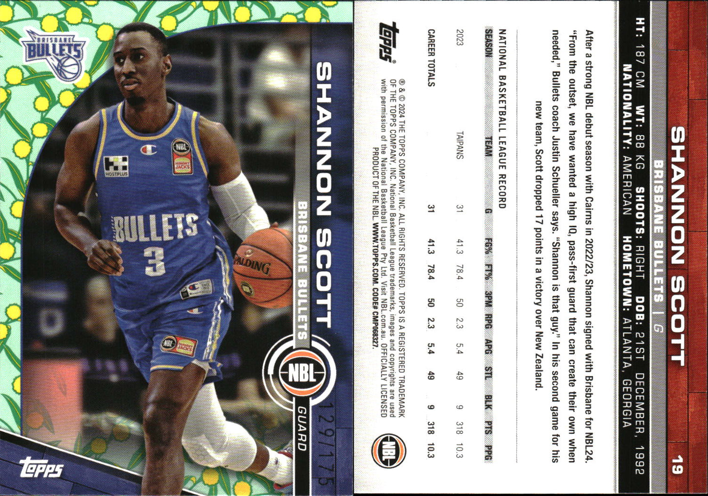 2023 2024 Topps NBL Golden Wattle /175 Shannon Scott Brisbane Bullets