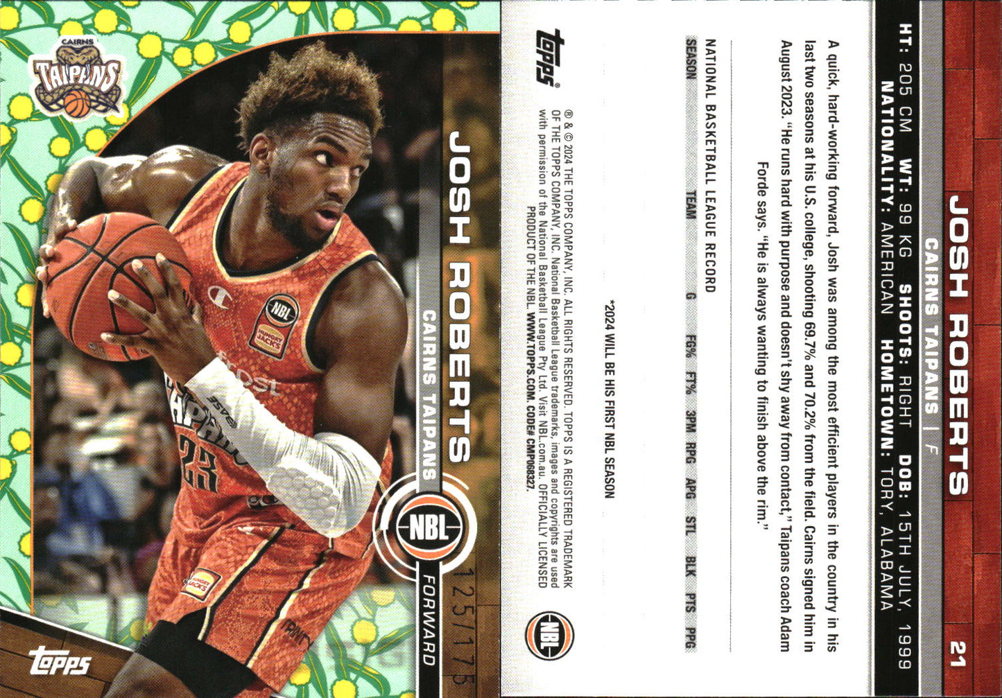 2023 2024 Topps NBL Golden Wattle /175 Josh Roberts Cairns Taipans