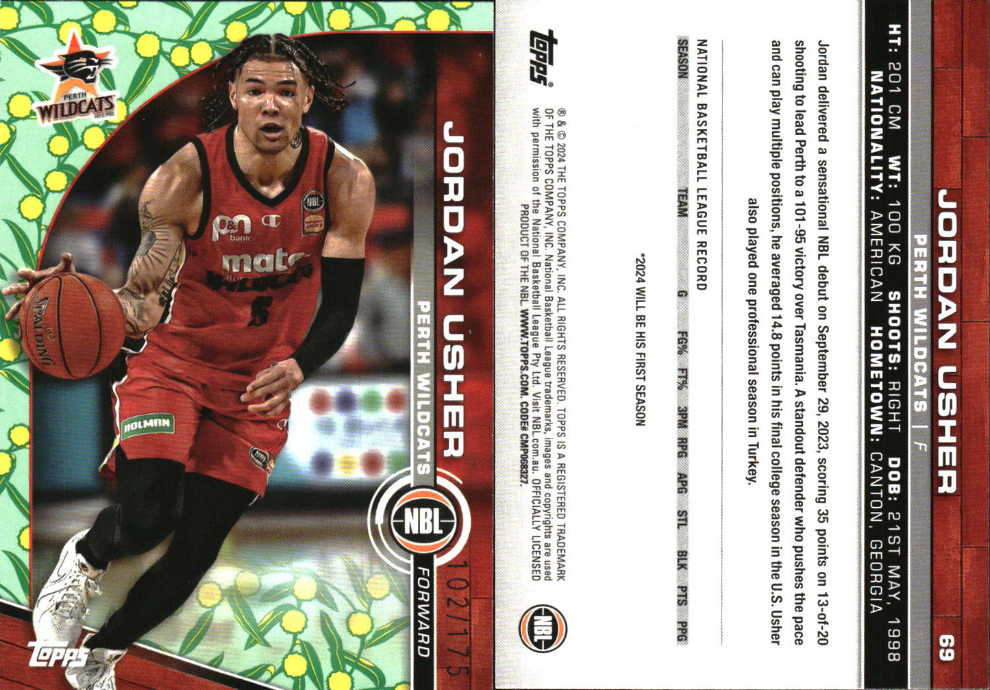 2023 2024 Topps NBL Golden Wattle /175 Jordan Usher Perth Wildcats